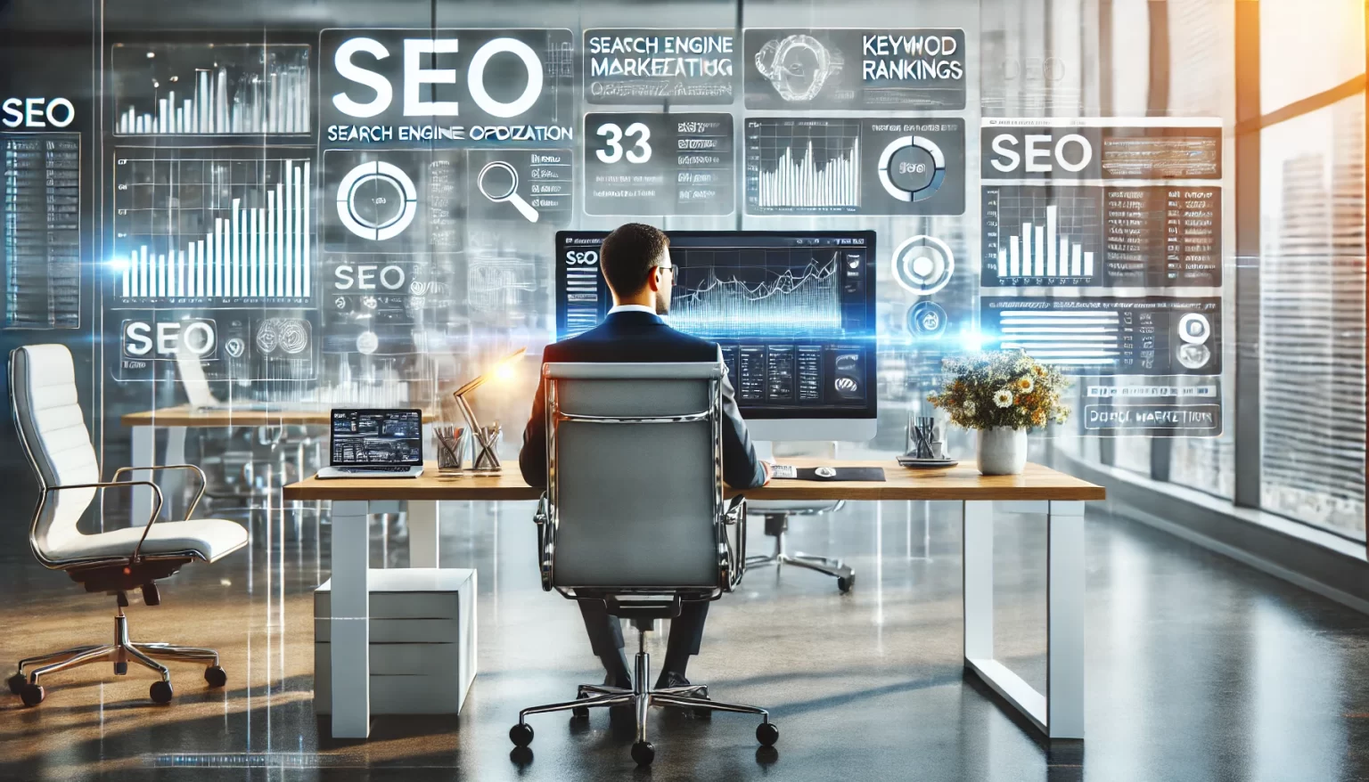 DALL·E 2025 02 10 16.56.35 A modern digital marketing agency office with a professional working on Search Engine Optimization SEO. The scene includes a large computer screen d 1536x878 1